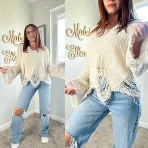 POL Textured Cream Knit distressed knit Sweater